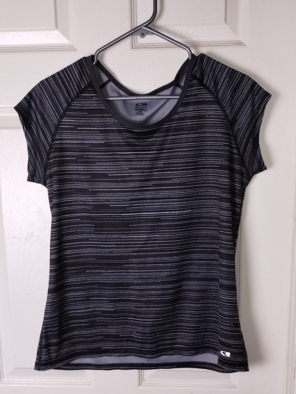 Champion Black and Gray Striped Duodryd Short Sleeve Active Tee. Size L